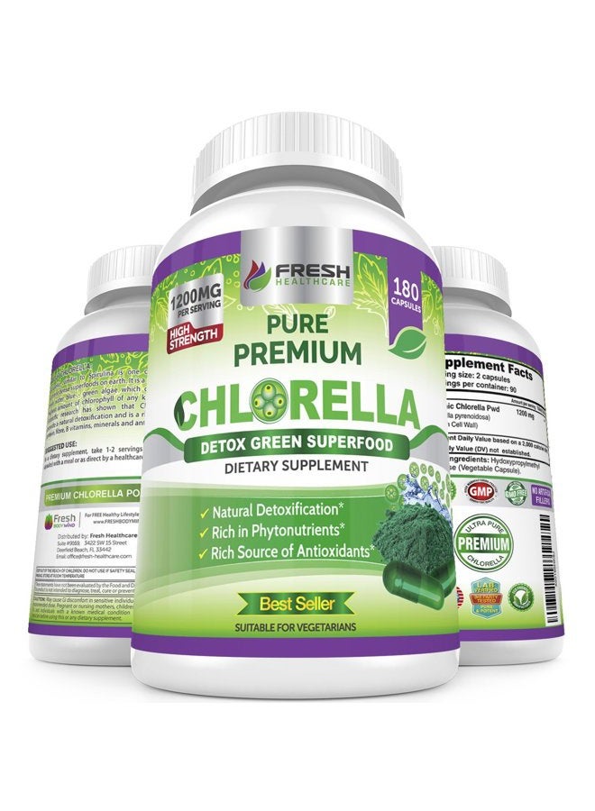 FRESH HEALTHCARE Premium Chlorella Supplement, 1200mg Pure Vegan Powder Capsules, 180 Chlorophyll and CFG Pills, Natural Detox Superfood, Naturally Contains B Vitamins and Minerals - Image 1