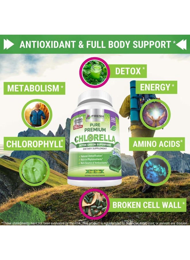 FRESH HEALTHCARE Premium Chlorella Supplement, 1200mg Pure Vegan Powder Capsules, 180 Chlorophyll and CFG Pills, Natural Detox Superfood, Naturally Contains B Vitamins and Minerals - Image 5