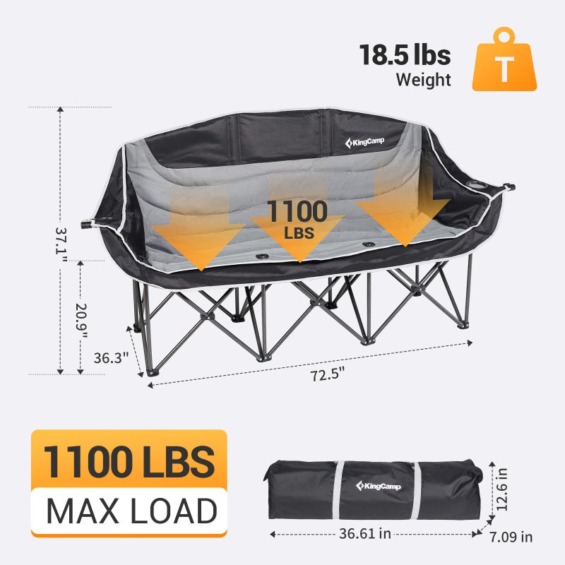 KingCamp 3 Person Camping Chair, Oversized 1100lbs Heavy Duty Loveseat for Adults Portable Folding XL 2 Person Couch Padded Comfortable Three Seat with Cup Holder for Outdoor Lawn Backyard, Black/Grey - Image 2