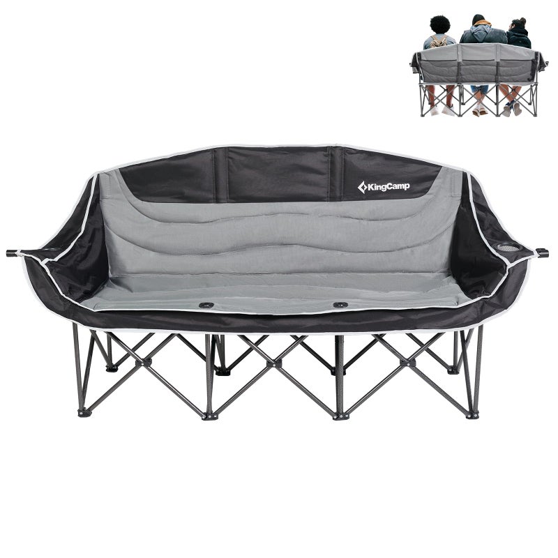 KingCamp 3 Person Camping Chair, Oversized 1100lbs Heavy Duty Loveseat for Adults Portable Folding XL 2 Person Couch Padded Comfortable Three Seat with Cup Holder for Outdoor Lawn Backyard, Black/Grey - Image 1
