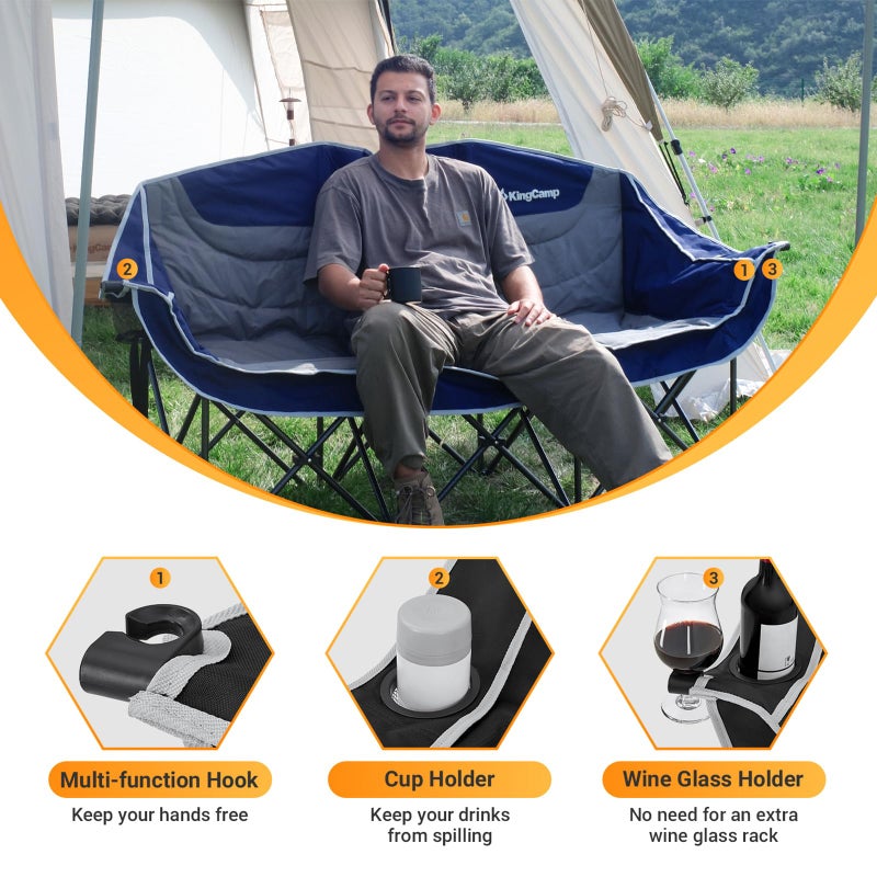 KingCamp 3 Person Camping Chair, Oversized 1100lbs Heavy Duty Loveseat for Adults Portable Folding XL 2 Person Couch Padded Comfortable Three Seat with Cup Holder for Outdoor Lawn Backyard, Black/Grey - Image 3
