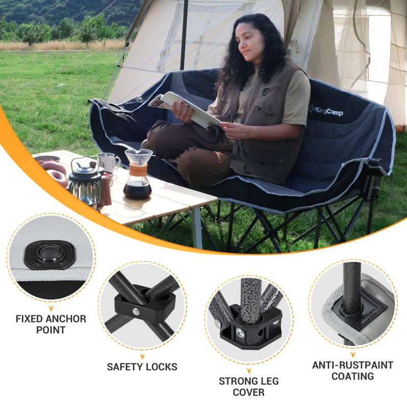 KingCamp 3 Person Camping Chair, Oversized 1100lbs Heavy Duty Loveseat for Adults Portable Folding XL 2 Person Couch Padded Comfortable Three Seat with Cup Holder for Outdoor Lawn Backyard, Black/Grey - Image 4