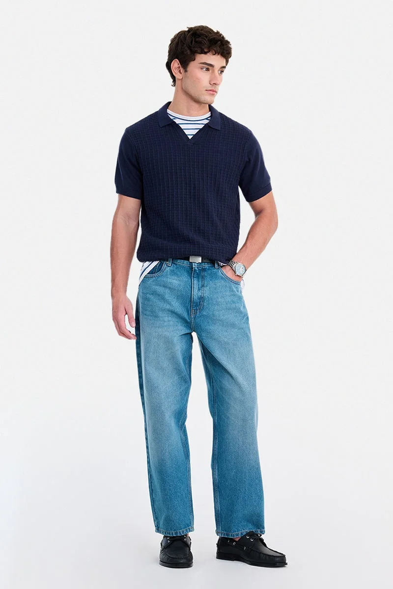 سنيتش Navy Blue Textured Half Sleeve Regular Fit T-Shirt