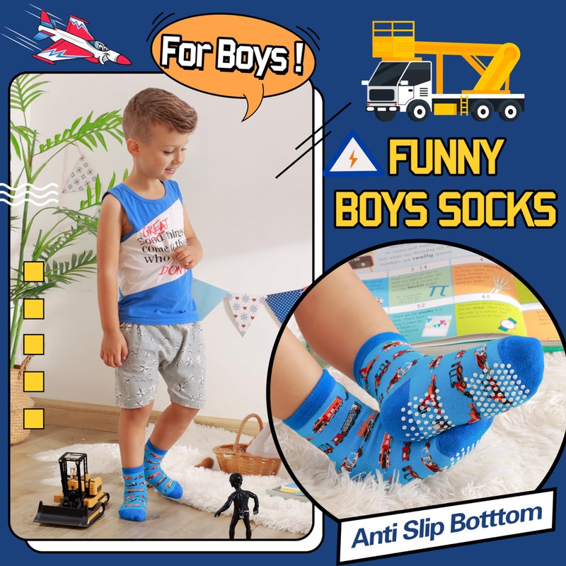 Welwoos Baby Boys Grips Socks Kids Toddlers Infants Non Slip Anti Skid Funny Animal Cartoon Gift Cotton Truck Socks with Grippers 12 Pairs Stocking Stuffers (Cars,9-14 Y) - Image 5