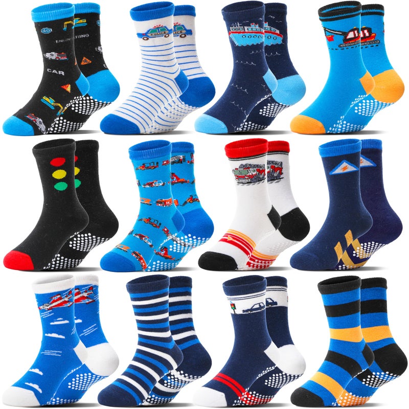 Welwoos Baby Boys Grips Socks Kids Toddlers Infants Non Slip Anti Skid Funny Animal Cartoon Gift Cotton Truck Socks with Grippers 12 Pairs Stocking Stuffers (Cars,9-14 Y) - Image 1