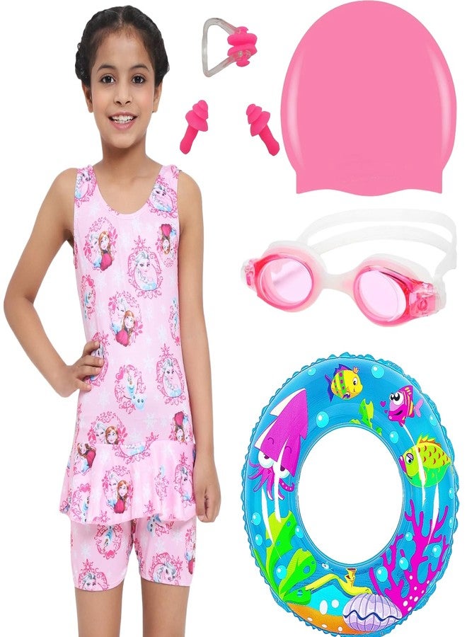 LEBAMI Swimming Kit for Kids Girls with Swimming Costume for Girls Swimming Goggles Swimming Tube Swimming Cap and Swimming Pool Accessories | Pink - Image 1