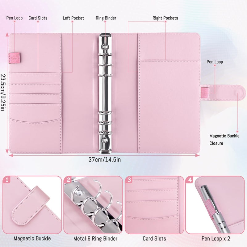 Antner A5 PU Leather Binder 6 Ring Notebook Photocard Budget Binder Cover for A5 Refill Paper, Refillable Loose Leaf Personal Planner Organizer Binder with Magnetic Buckle, Pink - Image 2