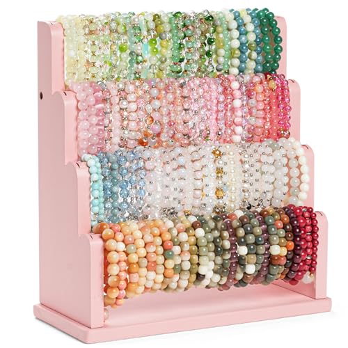 Emfogo Bracelet Holder 4 Tier Bracelet Organizer Storage for Bracelets Bangles Watch Scrunchies Rustic Wood Jewelry Organizer Display for Home Vendors Craft Shows and StorePink - Image 1