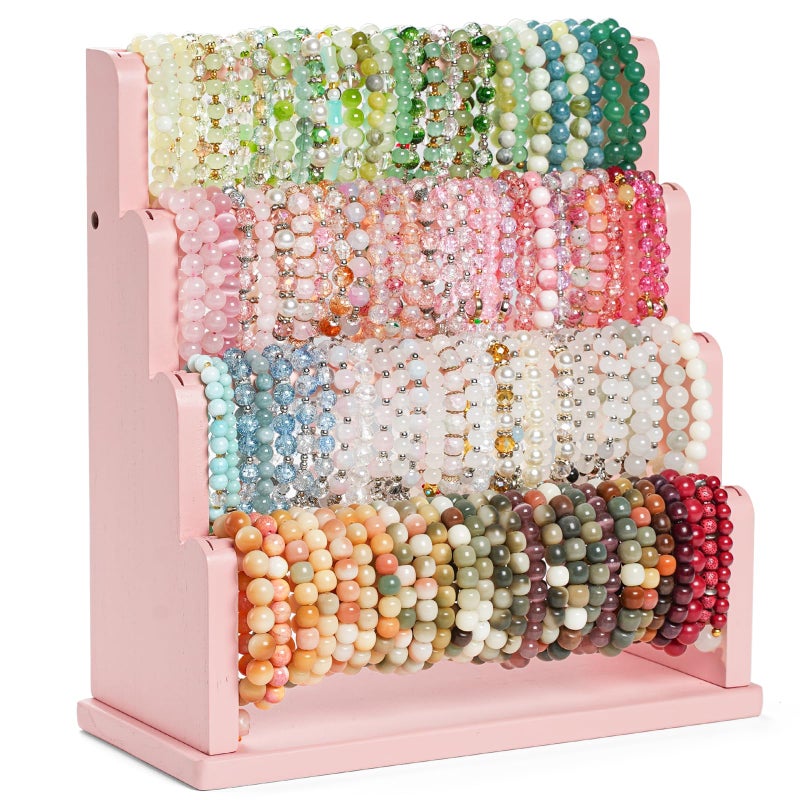 Emfogo Bracelet Holder 4 Tier Bracelet Organizer Storage for Bracelets Bangles Watch Scrunchies Rustic Wood Jewelry Organizer Display for Home Vendors Craft Shows and StorePink - Image 2