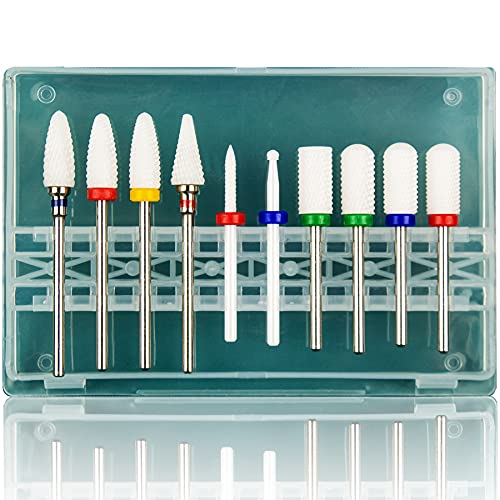 Feecy Nail Drill Bits Set Ceramic for Acrylic Nails Gel Polish Professional, 3/32 Inch Efile Nail Drill Bits Kit for Cuticle Safety Barrel Nail Art Tools with Holder, 10pcs (S10-C) - Image 1