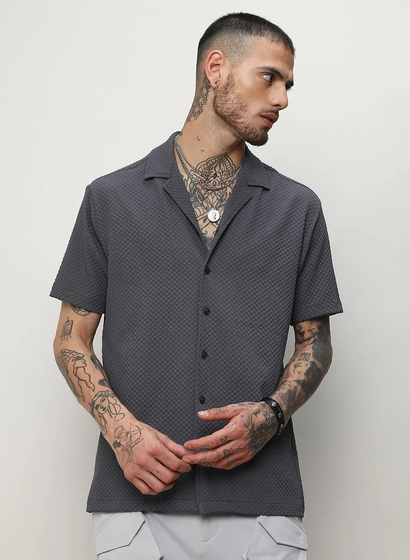 Campus Sutra Men's Charcoal Grey Self-Design Block Shirt