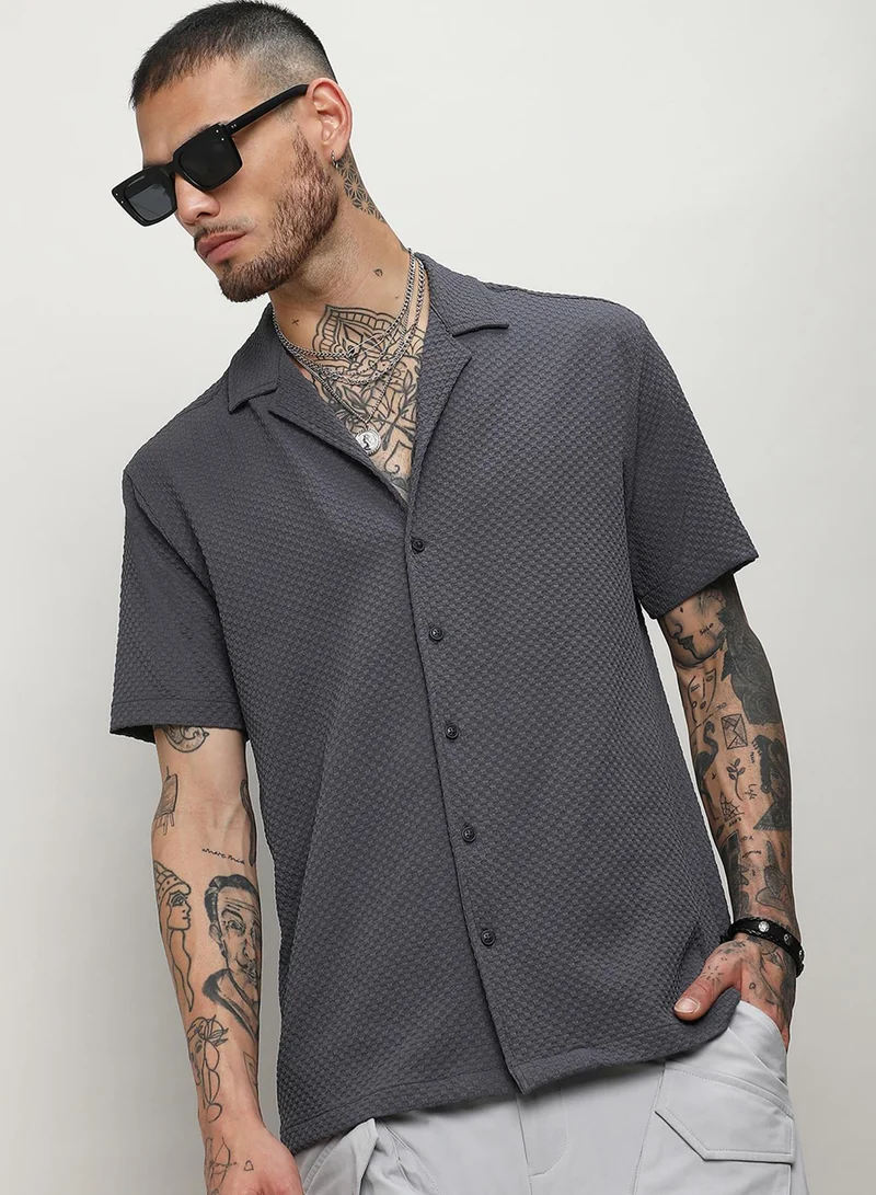 Campus Sutra Men's Charcoal Grey Self-Design Block Shirt
