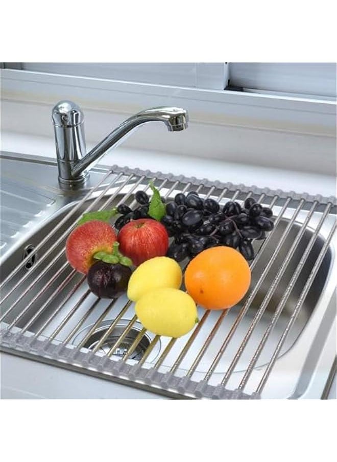 HOOKOR Over The Sink Dish Drying Rack, Roll up Sink Dish Drainer Rack Multipurpose Foldable Kitchen Stainless Steel Dish Rack Sink Drying Rack (Grey)  - Image 2