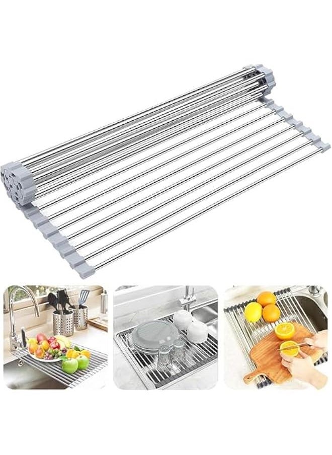 HOOKOR Over The Sink Dish Drying Rack, Roll up Sink Dish Drainer Rack Multipurpose Foldable Kitchen Stainless Steel Dish Rack Sink Drying Rack (Grey)  - Image 1