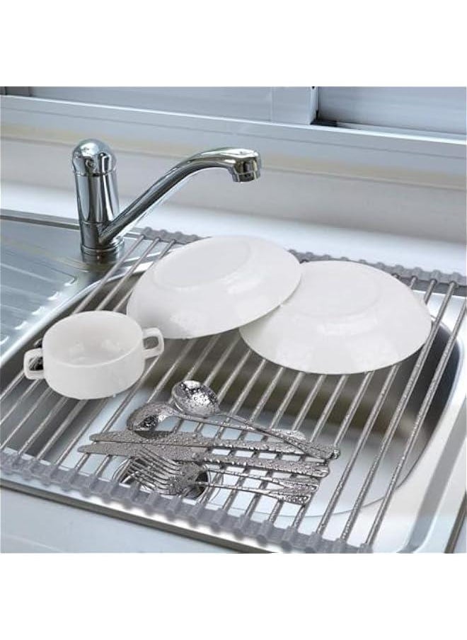 HOOKOR Over The Sink Dish Drying Rack, Roll up Sink Dish Drainer Rack Multipurpose Foldable Kitchen Stainless Steel Dish Rack Sink Drying Rack (Grey)  - Image 3