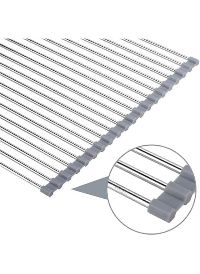 HOOKOR Over The Sink Dish Drying Rack, Roll up Sink Dish Drainer Rack Multipurpose Foldable Kitchen Stainless Steel Dish Rack Sink Drying Rack (Grey)  - Image 4