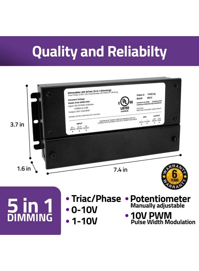 HitLights 24V 60W Dimmable LED Driver - Smooth Flicker Free Dimming - TRIAC, 0-10V, Phase Cut, & 10V PWM - Compatible with Lutron and Leviton Dimmer Switches, UL Listed, Class 2, 100-277V AC - 2.5A DC - Image 5