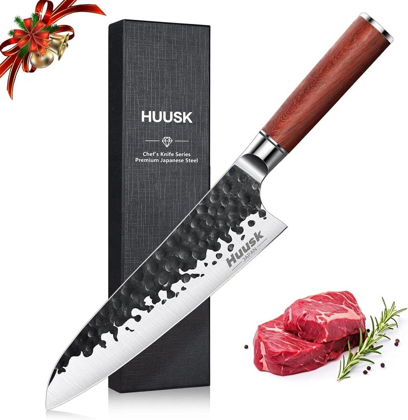 Huusk Japanese Chef Knife, 8 Inch Gyuto Knife with Hand Forged Carbon Steel Blade, Profesional Kitchen Chef Knives with Rosewood Handle, Razor Sharp Japanese Cooking Knives, Christmas Gifts for Men - Image 1
