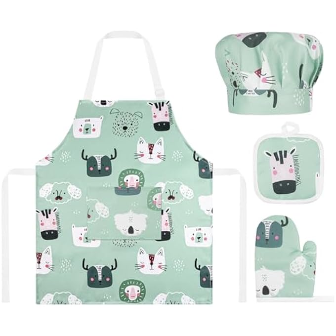 KIDS APRON AND CHEF HAT SET, ADJUSTABLE CHEF ART CHILDREN APRON WITH POCKET, CUTE CARTOON STYLE, FOR COOKING, BAKING, PAINTING - Image 1