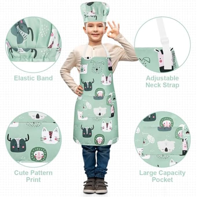 KIDS APRON AND CHEF HAT SET, ADJUSTABLE CHEF ART CHILDREN APRON WITH POCKET, CUTE CARTOON STYLE, FOR COOKING, BAKING, PAINTING - Image 2