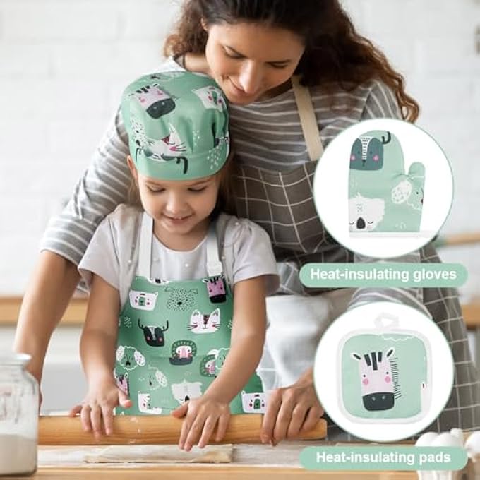 KIDS APRON AND CHEF HAT SET, ADJUSTABLE CHEF ART CHILDREN APRON WITH POCKET, CUTE CARTOON STYLE, FOR COOKING, BAKING, PAINTING - Image 5