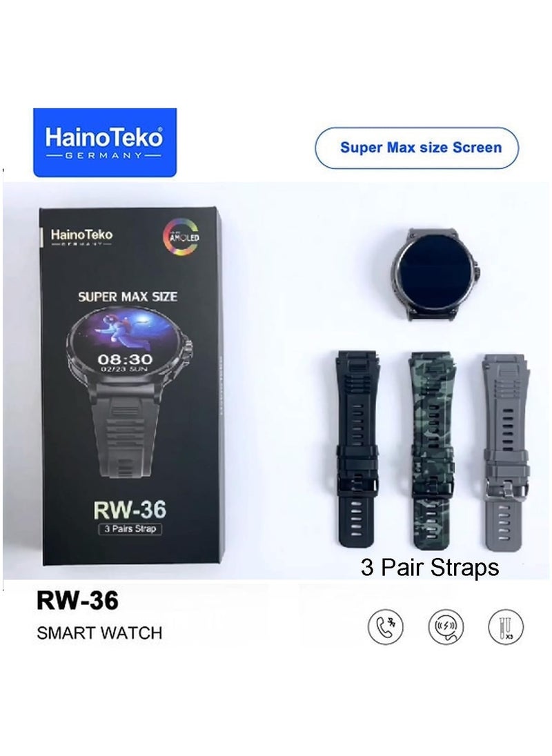 هينو تيكو - ساعة ذكية Haino Teko Germany RW36 Super Max ذات شكل دائري وشاشة AMOLED كاملة مع 3 أزواج من الأشرطة للرجال والأولاد باللون الأسود - Image 1