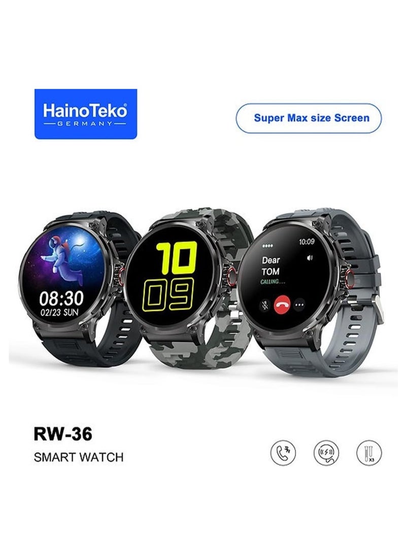 هينو تيكو - ساعة ذكية Haino Teko Germany RW36 Super Max ذات شكل دائري وشاشة AMOLED كاملة مع 3 أزواج من الأشرطة للرجال والأولاد باللون الأسود - Image 1