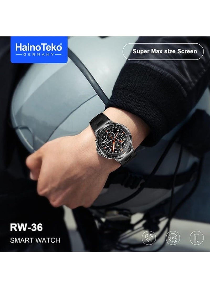 هينو تيكو - ساعة ذكية Haino Teko Germany RW36 Super Max ذات شكل دائري وشاشة AMOLED كاملة مع 3 أزواج من الأشرطة للرجال والأولاد باللون الأسود - Image 1