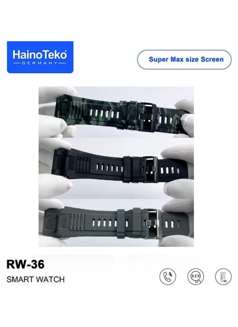 هينو تيكو - ساعة ذكية Haino Teko Germany RW36 Super Max ذات شكل دائري وشاشة AMOLED كاملة مع 3 أزواج من الأشرطة للرجال والأولاد باللون الأسود - Image 1