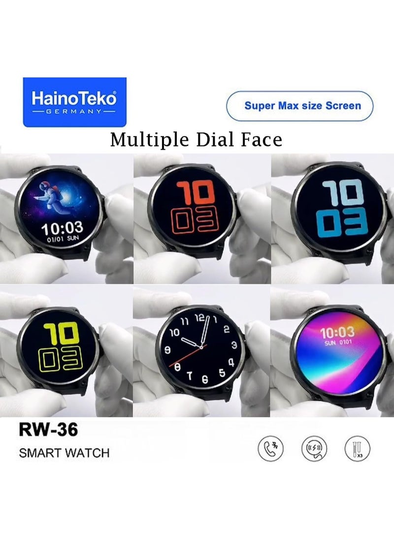 هينو تيكو - ساعة ذكية Haino Teko Germany RW36 Super Max ذات شكل دائري وشاشة AMOLED كاملة مع 3 أزواج من الأشرطة للرجال والأولاد باللون الأسود - Image 1