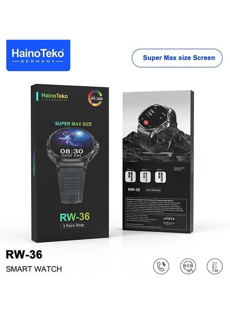 هينو تيكو - ساعة ذكية Haino Teko Germany RW36 Super Max ذات شكل دائري وشاشة AMOLED كاملة مع 3 أزواج من الأشرطة للرجال والأولاد باللون الأسود - Image 1