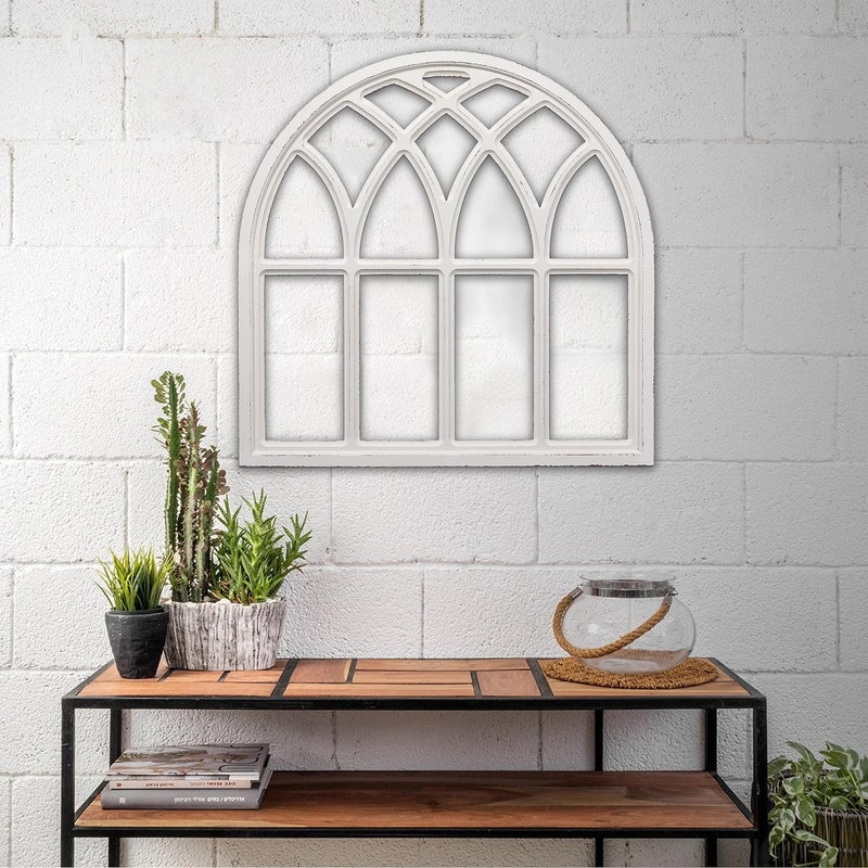 Sintosin Farmhouse Large White Arched Window Frame Wall Decor 32 Inch Tall, Hanging Distressed Finish Wooden Rustic Cathedral Window Pane Wall Decor Living Room Entryway Hallway Christmas Halloween - Image 3