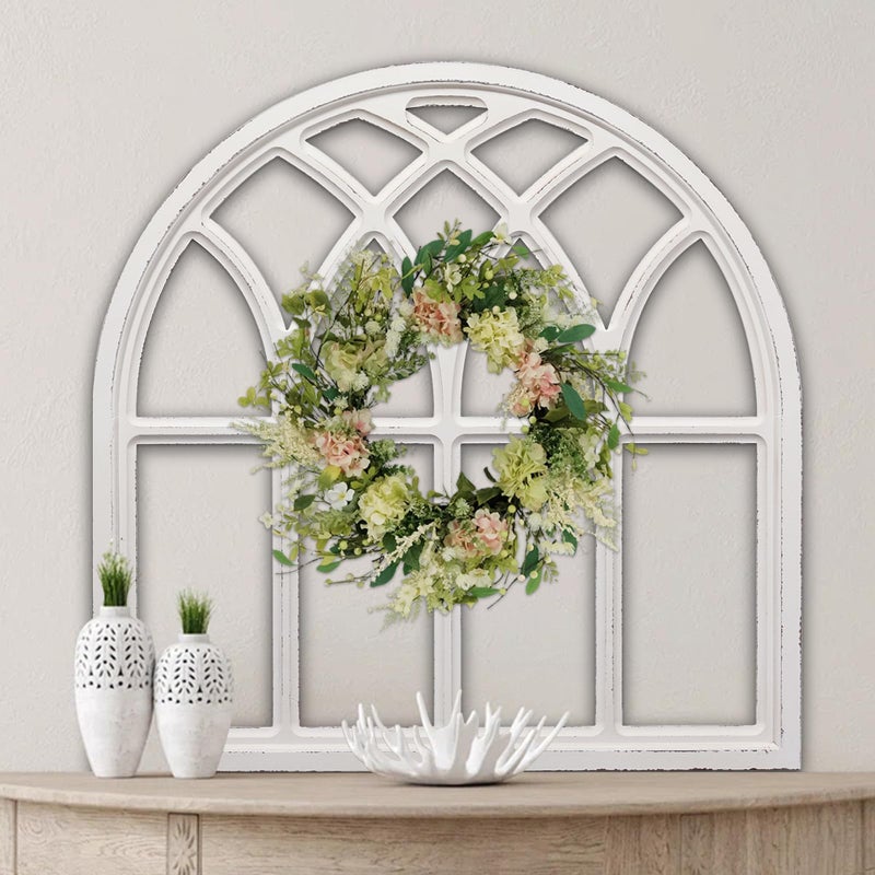 Sintosin Farmhouse Large White Arched Window Frame Wall Decor 32 Inch Tall, Hanging Distressed Finish Wooden Rustic Cathedral Window Pane Wall Decor Living Room Entryway Hallway Christmas Halloween - Image 1