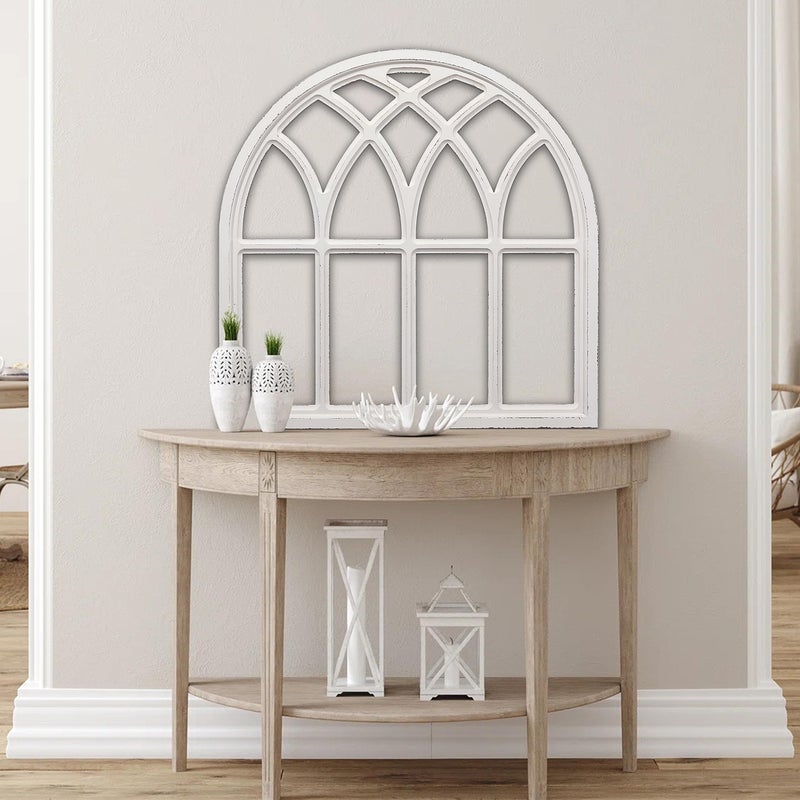 Sintosin Farmhouse Large White Arched Window Frame Wall Decor 32 Inch Tall, Hanging Distressed Finish Wooden Rustic Cathedral Window Pane Wall Decor Living Room Entryway Hallway Christmas Halloween - Image 5