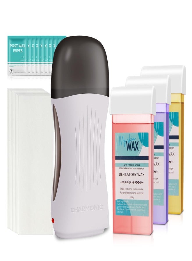 Charmonic Roll On Wax Kit, Portable Wax Roller Kit for Coarse/Fine Hair Removal, Beginners Waxing Roller for All Skin Types with 3 Pcs 100g Roll Cartridge, 100 Non-Woven Strips & 10 After Oil Wipes (F8_White - Image 1