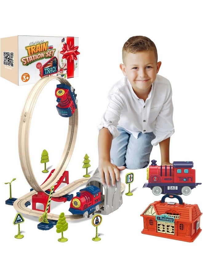 Atlasonix - Train Set For Toddlers - Railway Station With Train, Crane, Bridge & Signs - Montessori Educational Toy For Boys & Girls, Toddler Toys For Ages 2-4, Perfect Christmas & Birthday Gifts, Tren Para Niños - Image 1