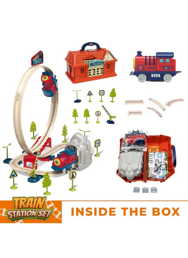Atlasonix - Train Set For Toddlers - Railway Station With Train, Crane, Bridge & Signs - Montessori Educational Toy For Boys & Girls, Toddler Toys For Ages 2-4, Perfect Christmas & Birthday Gifts, Tren Para Niños - Image 1