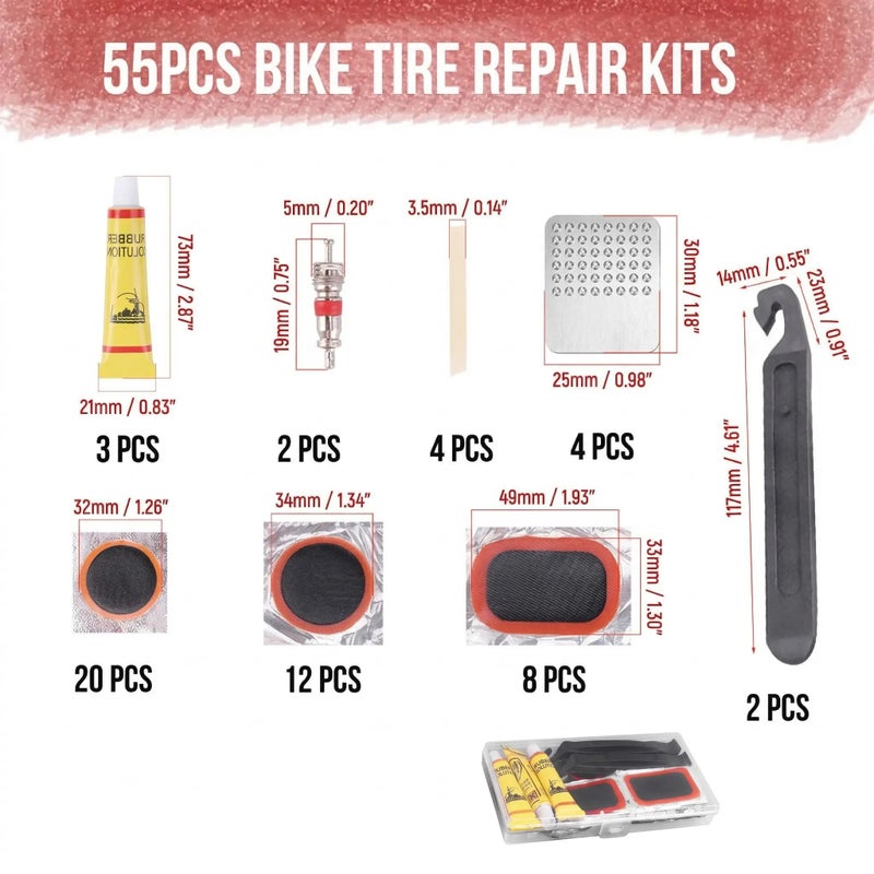 PETO Bike Tire Repair Replacement Kit, 55pcs Bike Tube Patch Kit with Levers & Glue, Essential Bicycle Maintenance Tools for Mountain & Road Bikes, Road Bike Accessories - Image 1