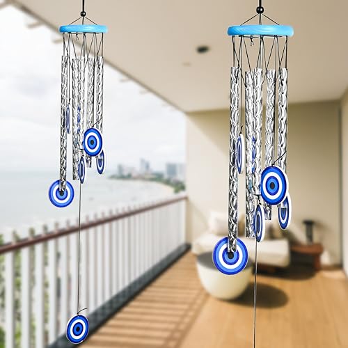 ZAICUS 27-Inch Turkish Evil Eye Wind Chimes – Metal Hanging Décor for Home, Balcony, Living Room & Entrance – Positive Energy & Housewarming Gift for Women (Blue) - Image 1