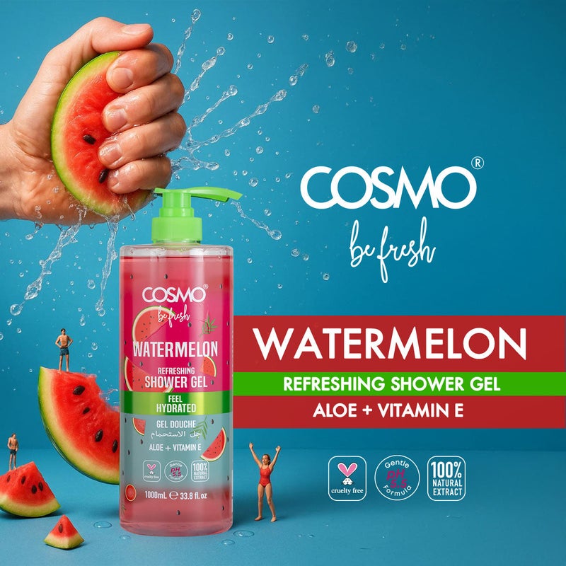 COSMO Cosmo Be Fresh Watermelon Shower Gel with Aloe Vera & Vitamin E 1000ml, Hydrating Fruity Body Wash for Smooth, Feel Hydrated & Glowing Skin, Refreshing Daily Cleanser with Juicy Scent, For Men & Women - Image 2