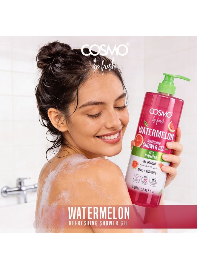 COSMO جل استحمام كوزمو بي فريش بنكهة البطيخ مع الألوة فيرا وفيتامين E 1000 مل، غسول جسم فاكهي مرطب لبشرة ناعمة، تشعر بالترطيب والتألق، منظف يومي منعش برائحة لذيذة، للرجال والنساء - Image 3