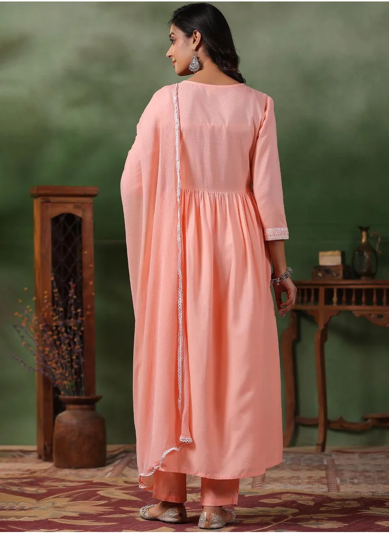آي شين Women's Peach Rayon Embellished Tunic Full Length Casual Straight Fit Kurta Set