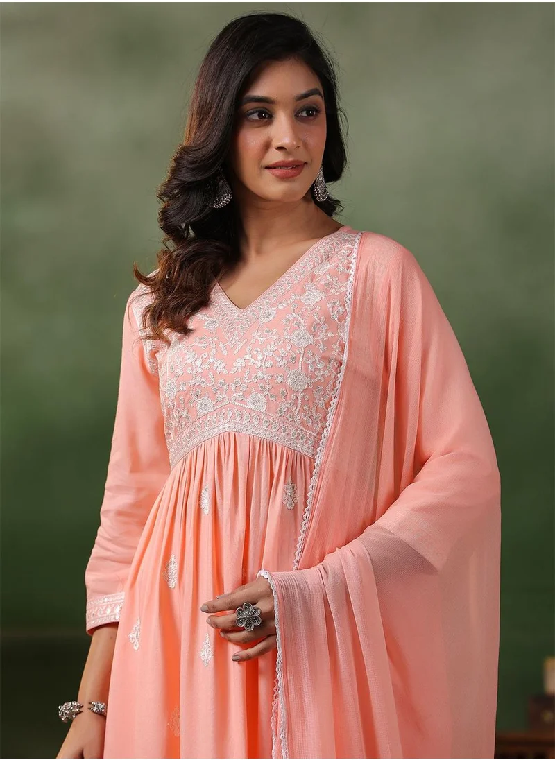 آي شين Women's Peach Rayon Embellished Tunic Full Length Casual Straight Fit Kurta Set