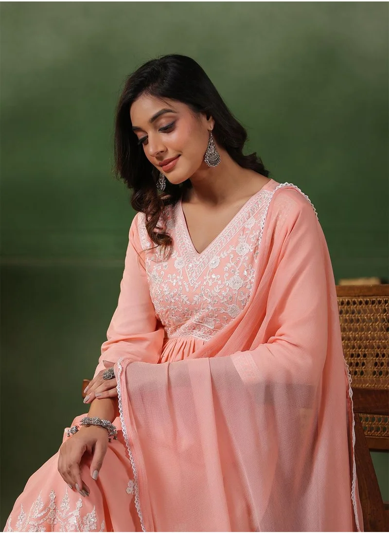 آي شين Women's Peach Rayon Embellished Tunic Full Length Casual Straight Fit Kurta Set