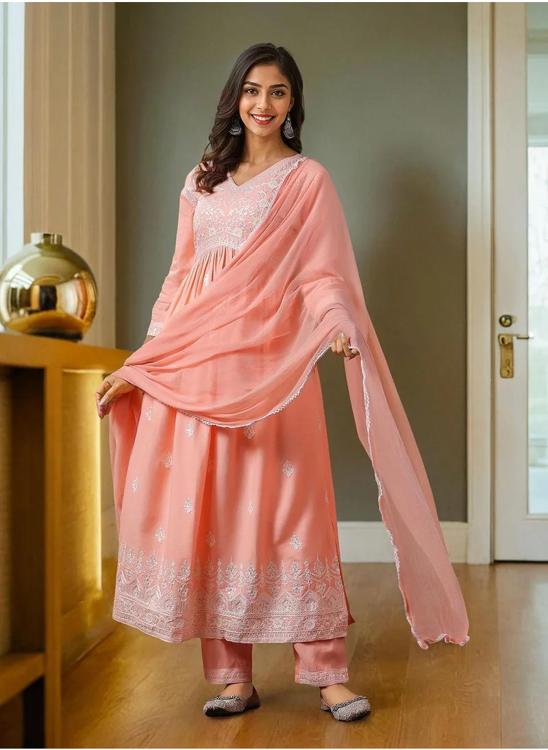 آي شين Women's Peach Rayon Embellished Tunic Full Length Casual Straight Fit Kurta Set