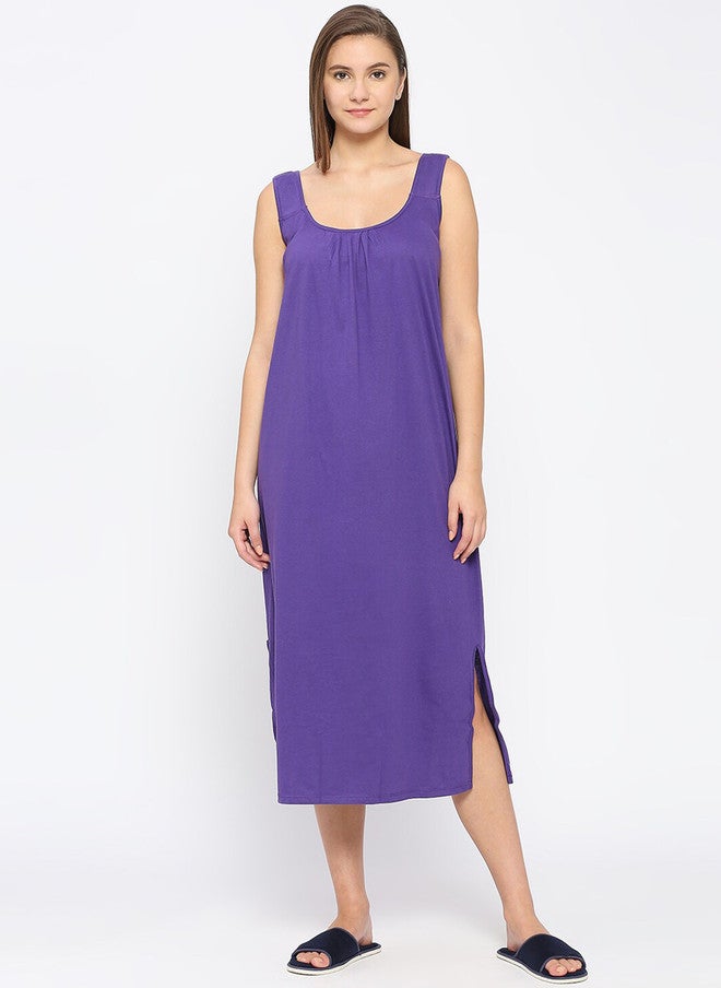 Red Rose RedRose Purple Cotton Full Slip Nighty with Round Neck - Image 1