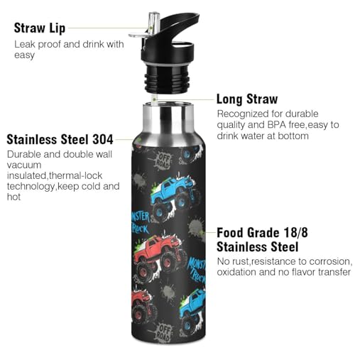 Wusikd Monster Truck Water Bottle with Straw Lid Double Wall Car Bottle Vacuum Insulated Flask Stainless Steel Water Bottle for Gym Outdoor 20 OZ - Image 2