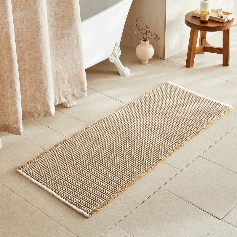 TYUU Waffle Bath Mat, Boho Bathroom Rugs Non Slip Washable Super Absorbent Quick Dry Bath Mat Farmhouse Bathroom Decor, 30"x20" Khaki and White - Image 1