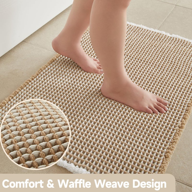 TYUU Waffle Bath Mat, Boho Bathroom Rugs Non Slip Washable Super Absorbent Quick Dry Bath Mat Farmhouse Bathroom Decor, 30"x20" Khaki and White - Image 4