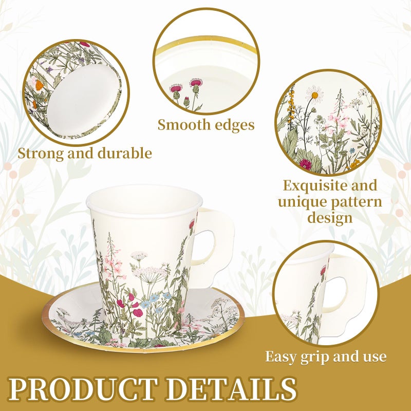 Whaline 80 Pcs Tea Party Supplies 9 oz Wildflower Paper Tea Cups with Handle and Plates Disposable Vintage Floral Teacups and Saucers Set for Spring Party Wedding Bridal Baby Shower Mother's Day Decor - Image 3